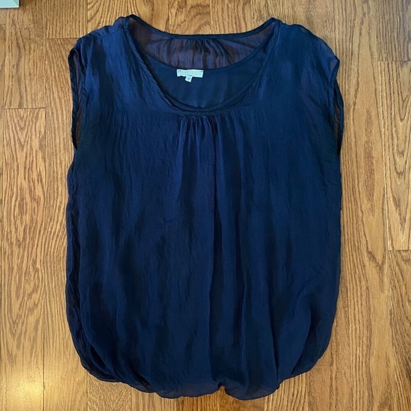 100% Silk Sheer Navy Blue Short Sleeve Blouse Loose Fitting Scoop Neck Billowing - Picture 7 of 11